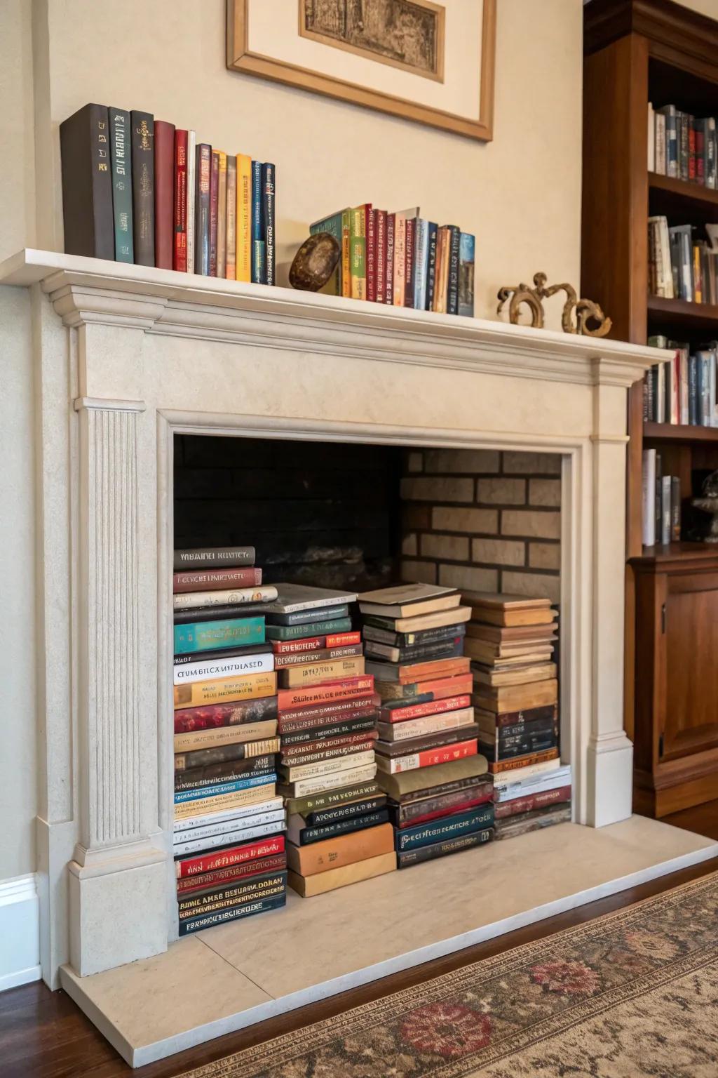 Turn your fireplace into a cozy mini library with a collection of your favorite books.