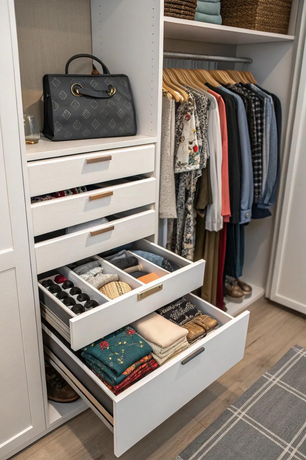 Drawer units maintain organization for small items, keeping them out of sight.