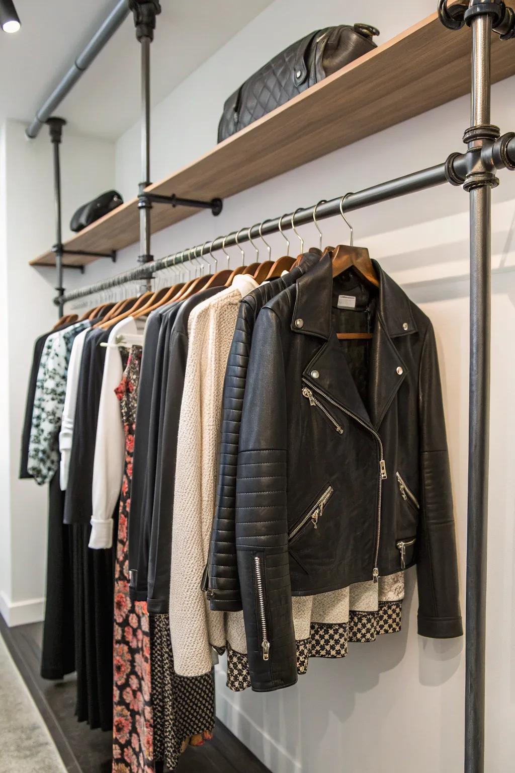 Factory-inspired tubing introduces a modern touch to wardrobe organization.