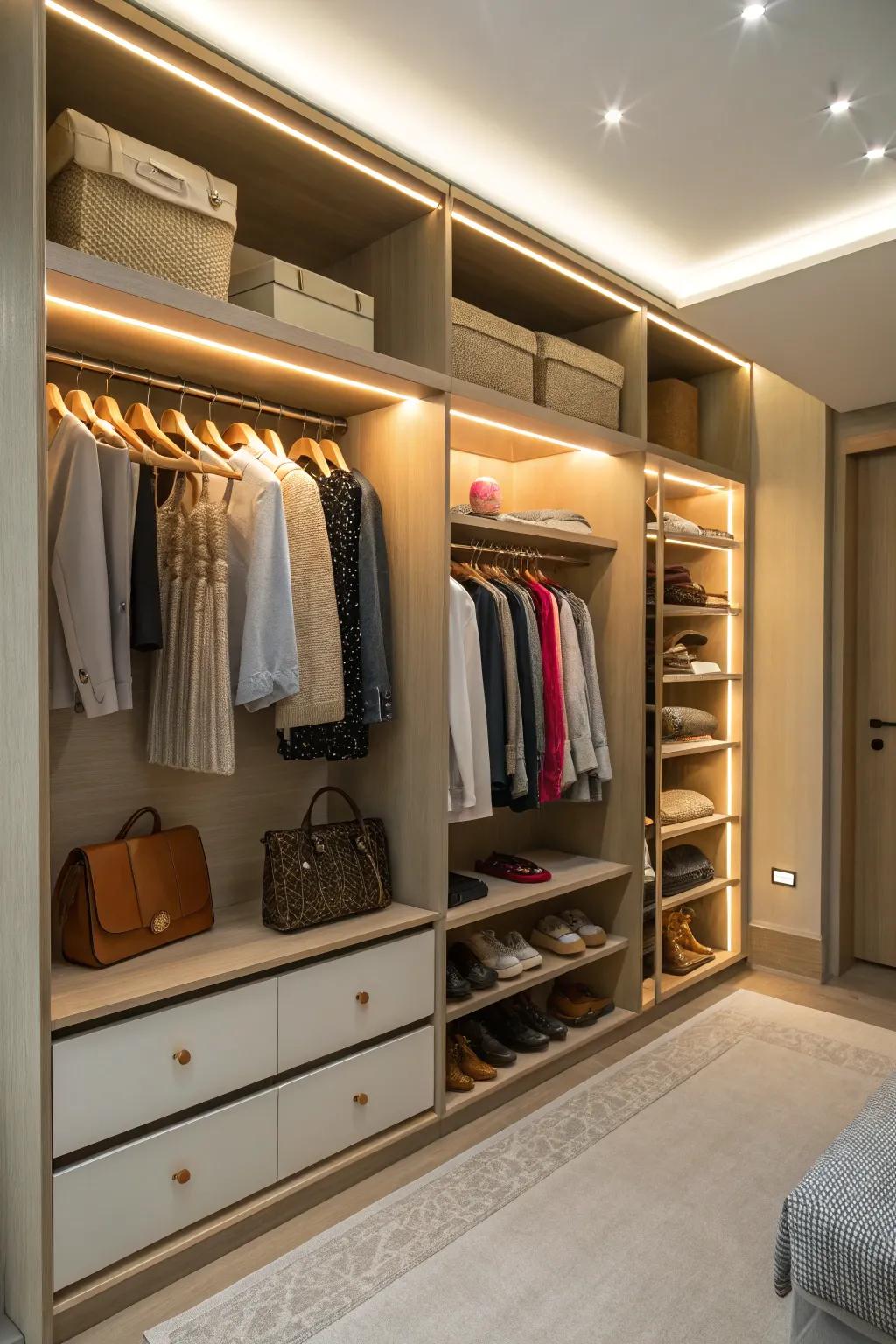 Integrated lighting boosts your closet's usefulness and style.