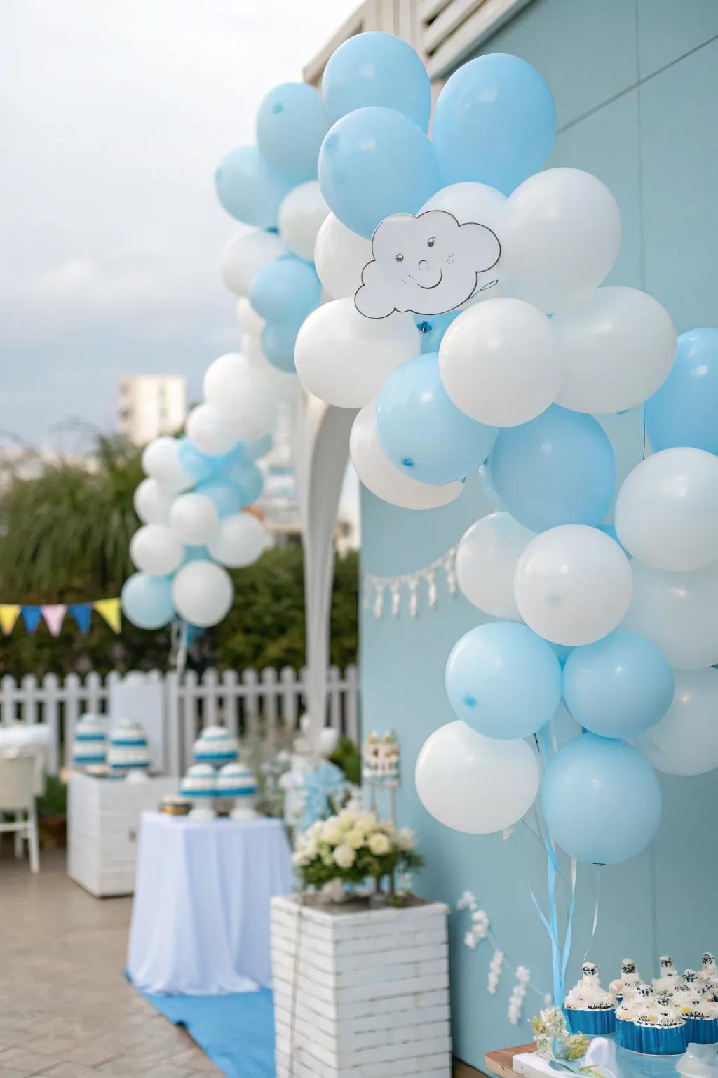 Clusters of balloons fashion a cloud-like vision, imbuing a whimsical flourish to the baby shower décor.
