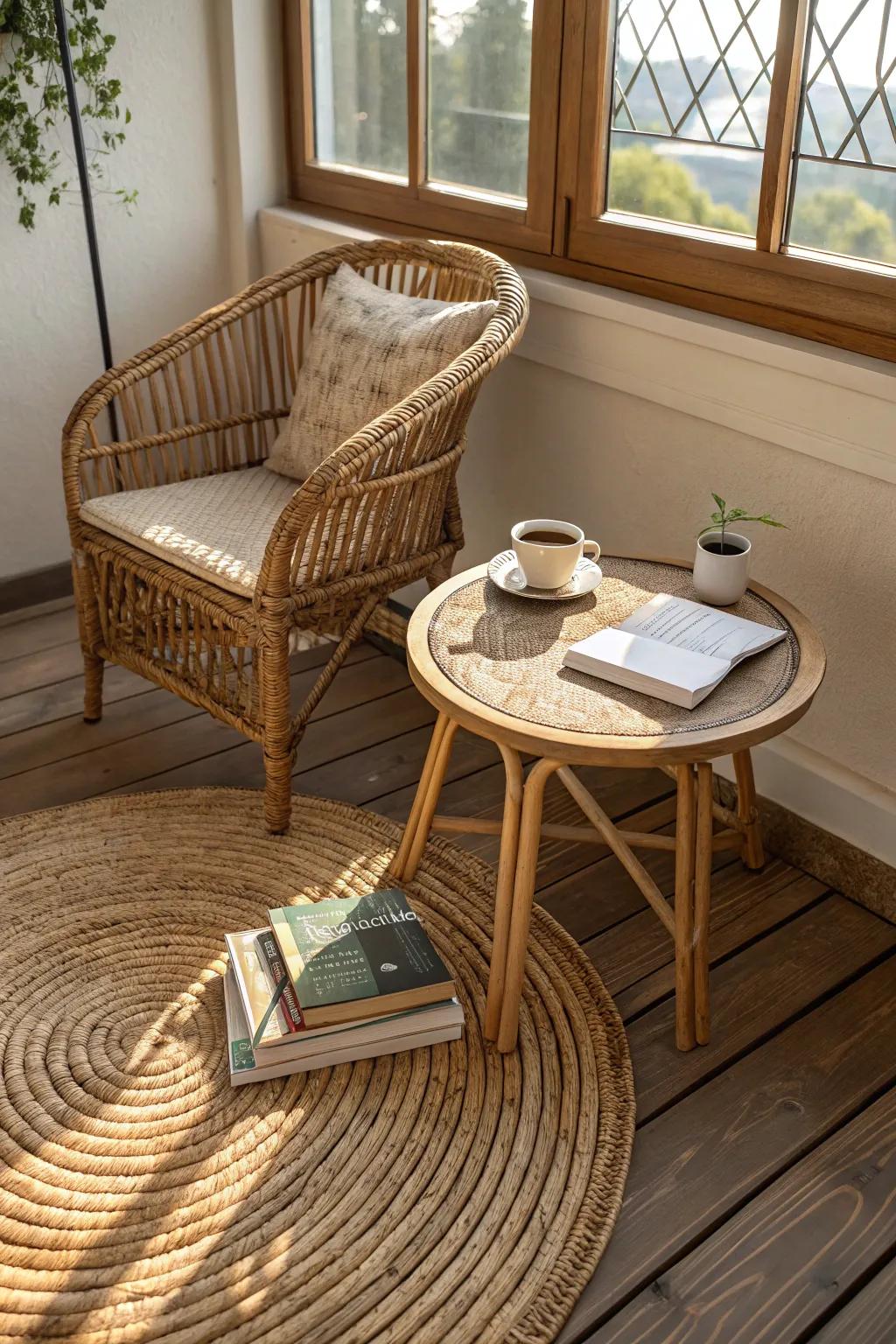 Organic materials like wicker and wood result in a cozy, welcoming coastal environment.