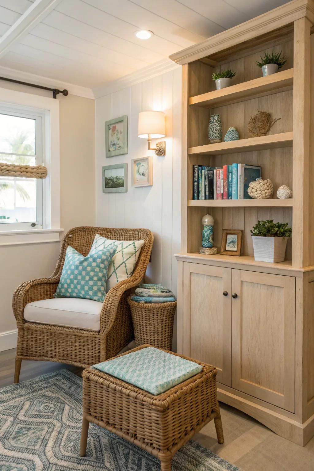A comfy spot featuring natural textures like wicker and timber.