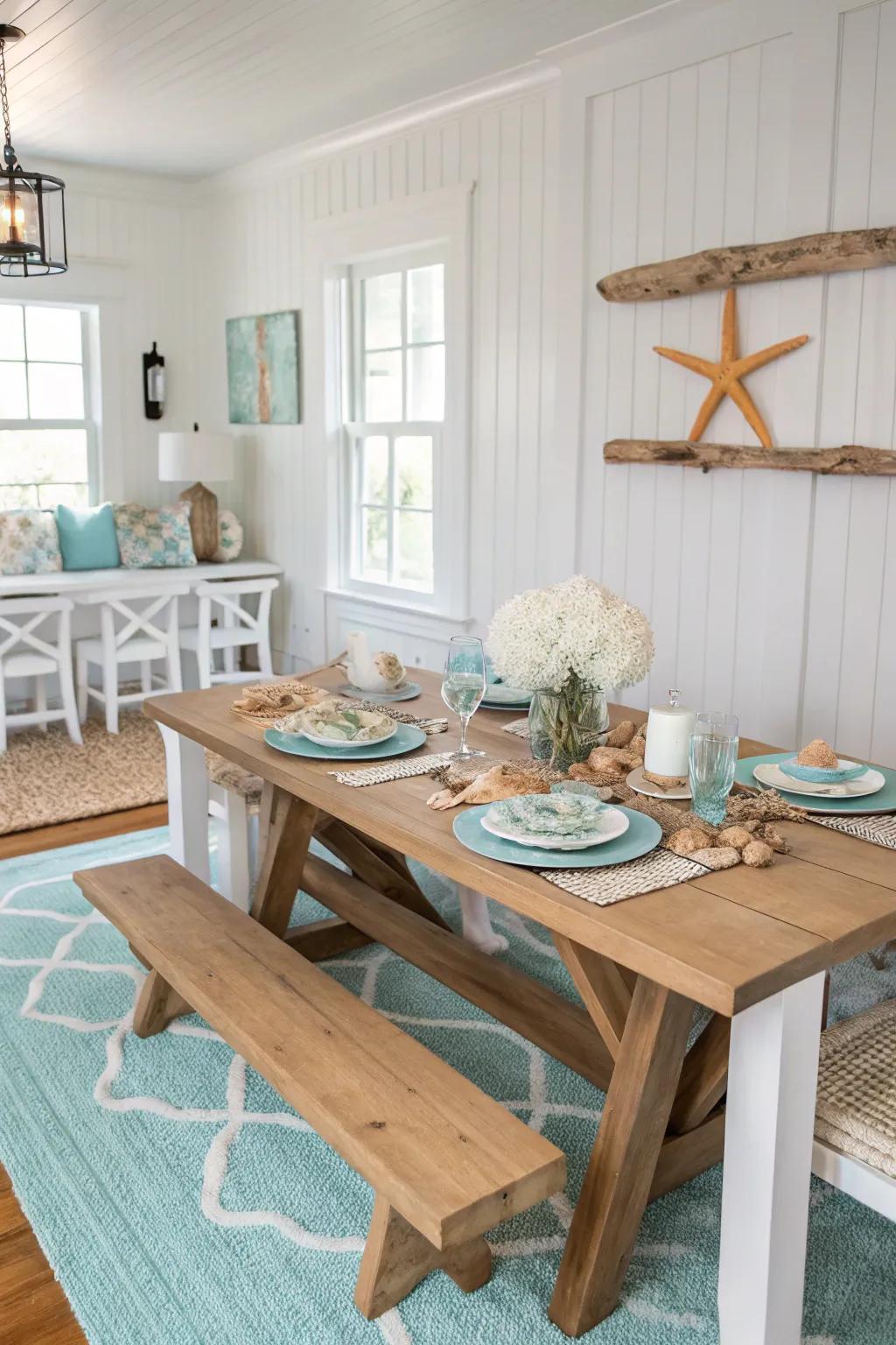 A calming palette of whites and blues captures the calmness of the shoreline.