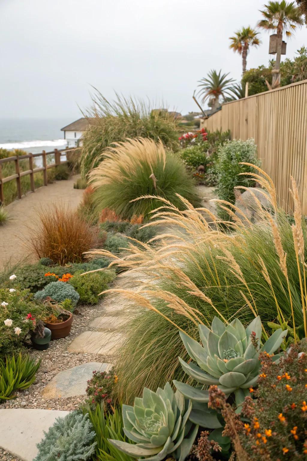 Decorative grasses and succulents bring the essence of the seaside to your garden.