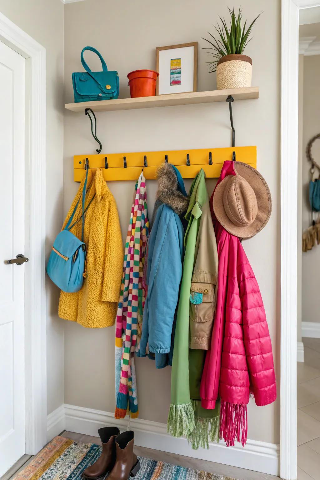 A vivid coat rack that appends a whimsical nuance to a neutral-toned entranceway.
