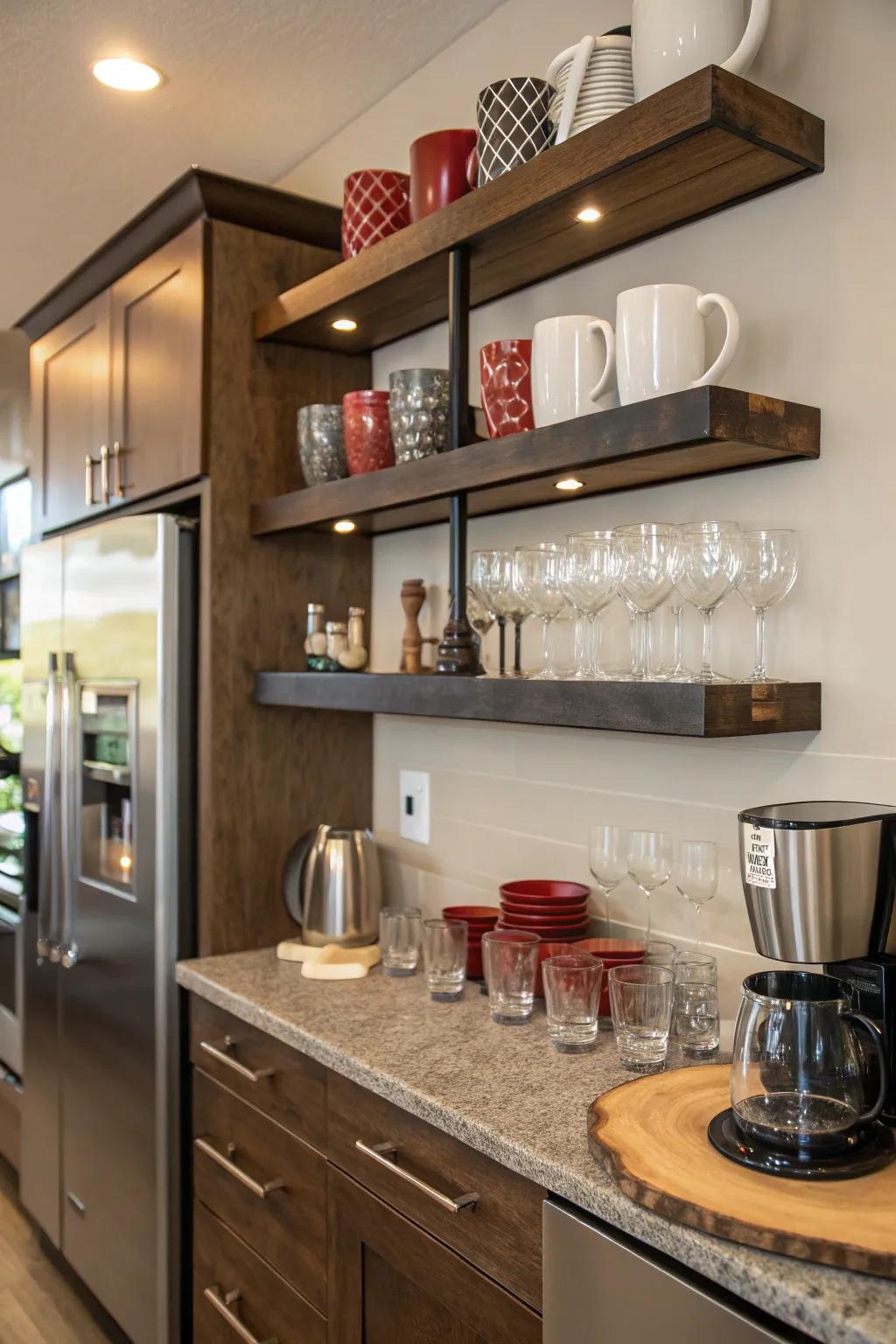 Elevated display racks offer useful storage and a chic display.