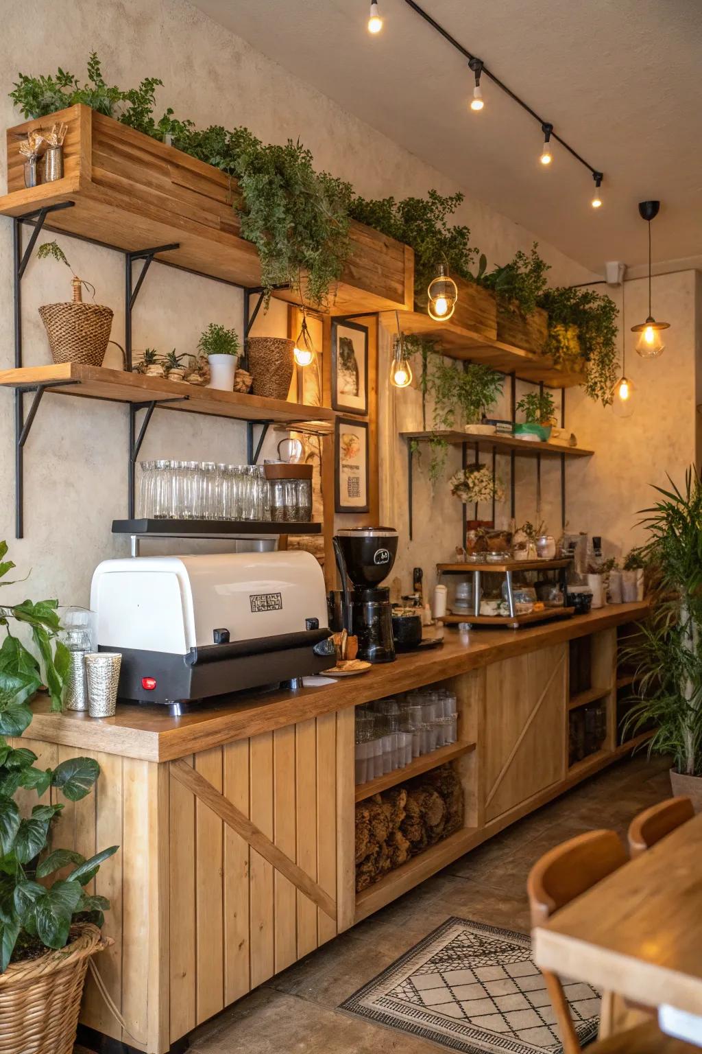 Wooden elements contribute rustic charm to your coffee corner.