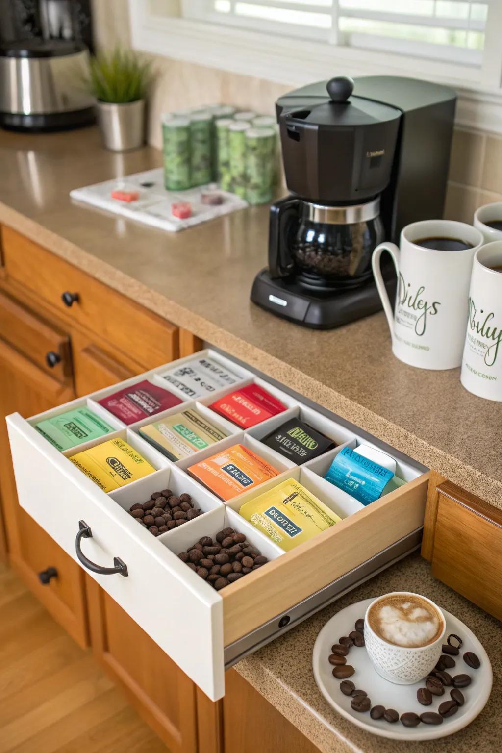 Including a tea corner enhances the versatility of your coffee drawer.