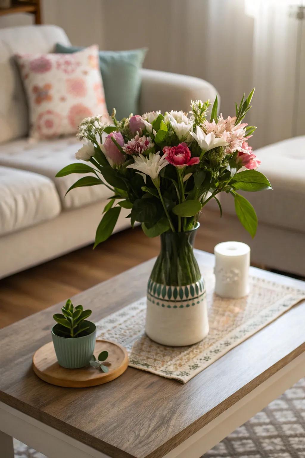 Botanical elements such as plants and flowers bring a sense of life to your coffee table presentation.