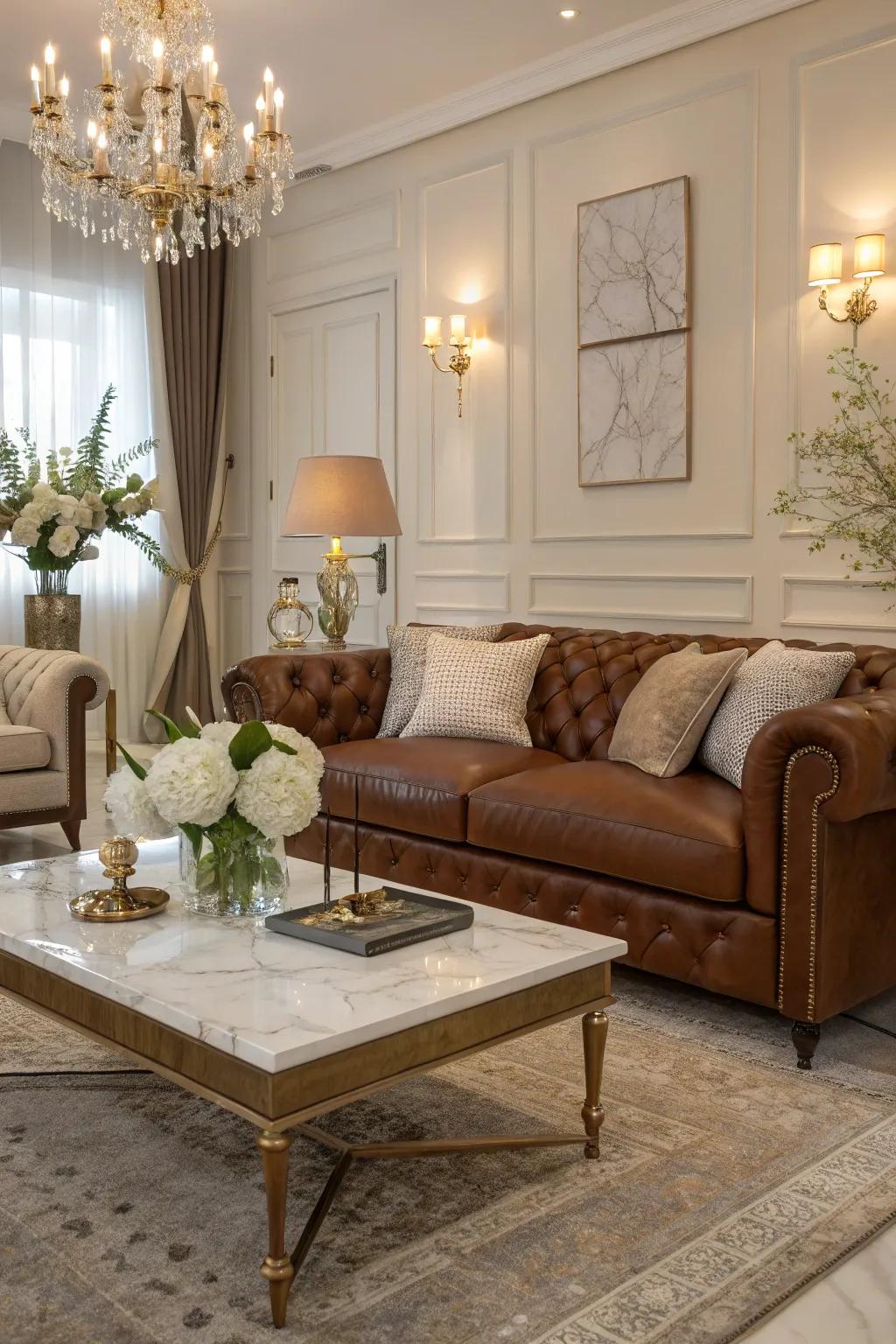 Stone and leather craft a sophisticated yet welcoming ambiance.