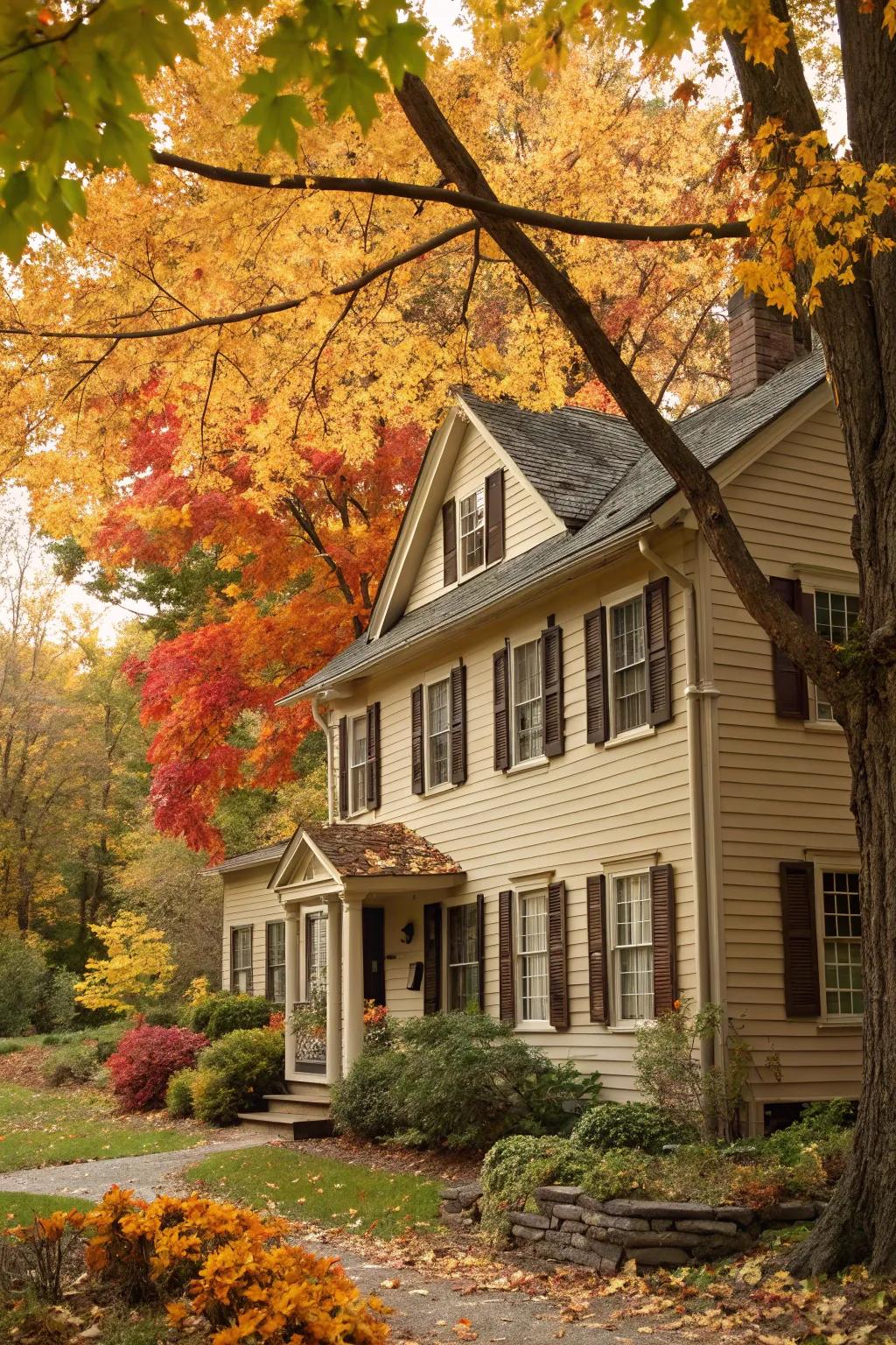 A colonial dwelling in warm earthy shades, enhanced by the splendor of its autumnal setting.