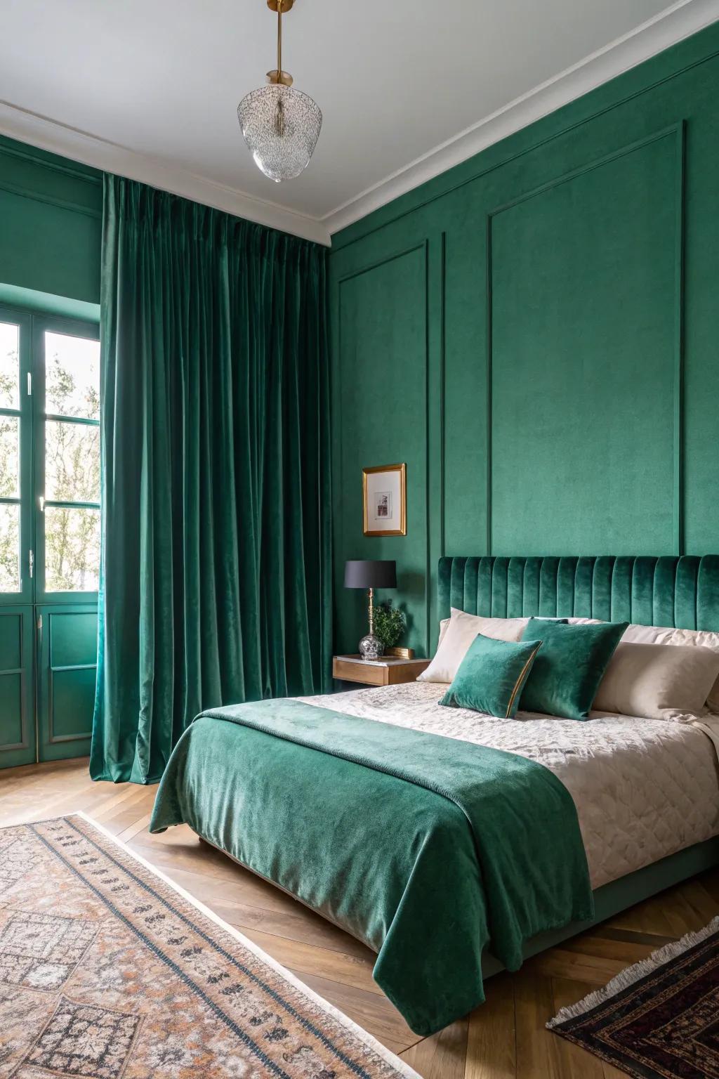 A daring emerald green color drenching converts the bedroom into an attractive haven.