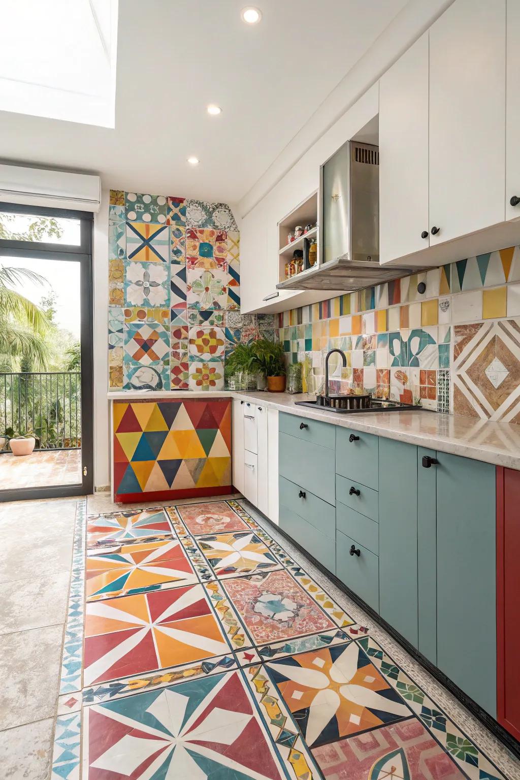 Geometric tiles contribute a cheerful and dynamic element to the cooking area.