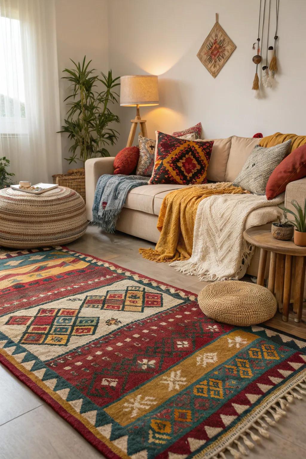 Textural layers fashion a snug and welcoming feel with a vibrant tribal weave rug.