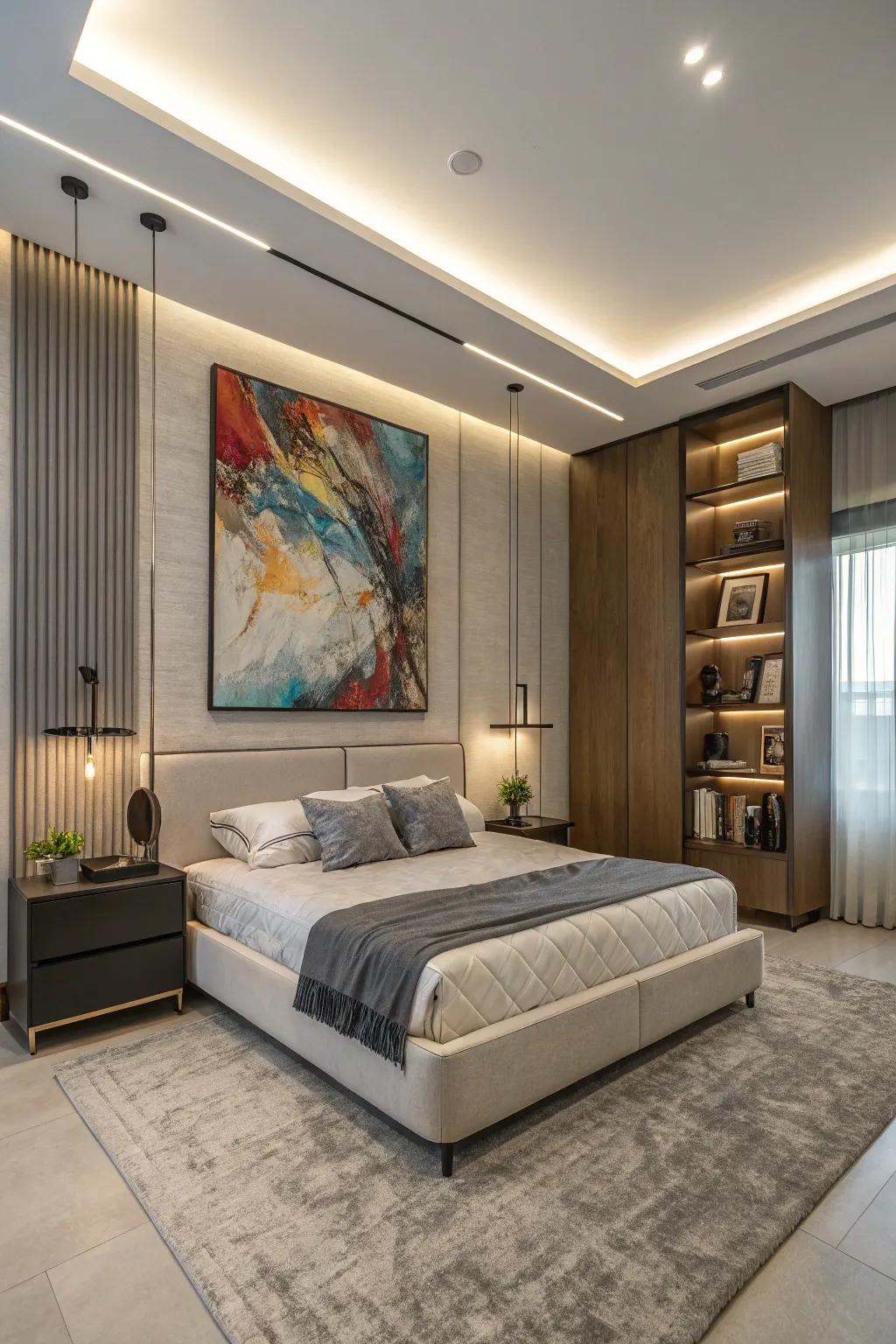 Modern art gives this contemporary bedroom its distinctive charm.