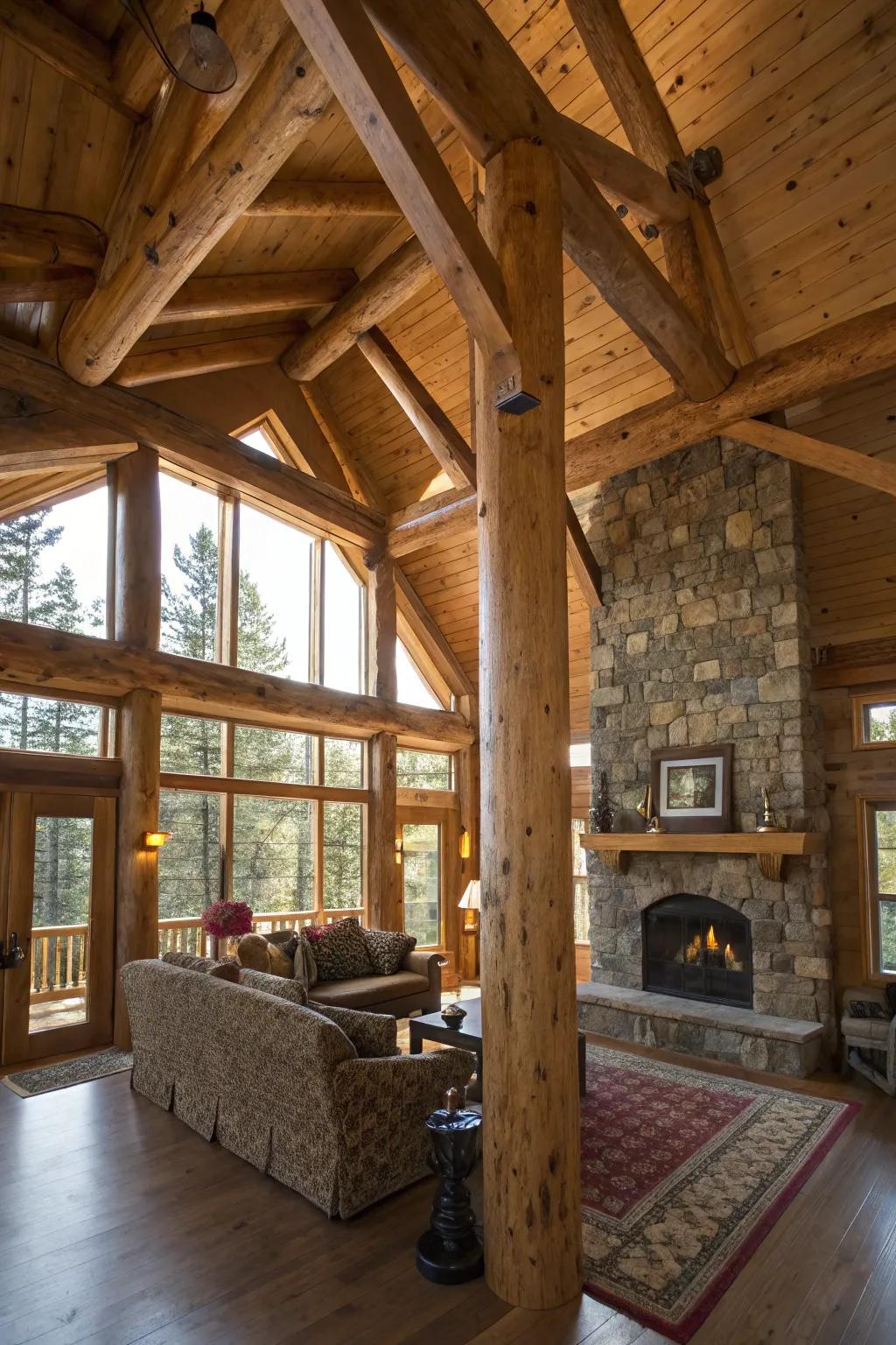 Rustic timber pillars enhance warmth and character in a cabin-inspired living area.