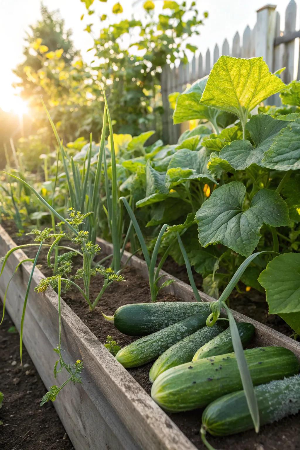 Green sticks and root veggies share a space, naturally keeping pests away.