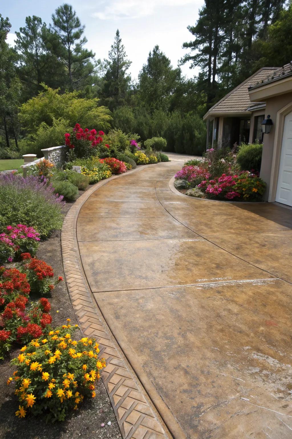A tinted concrete driveway that brings warmth and dimension to the home's outside.