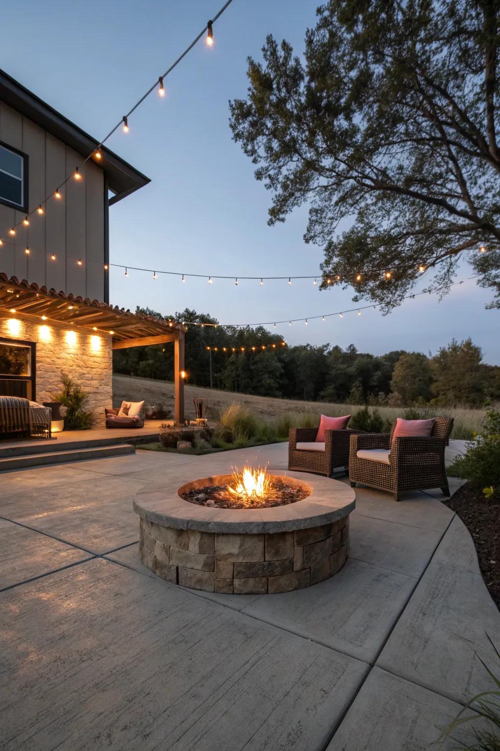 A hearth center provides warmth and enhances the ambiance of your concrete patio.