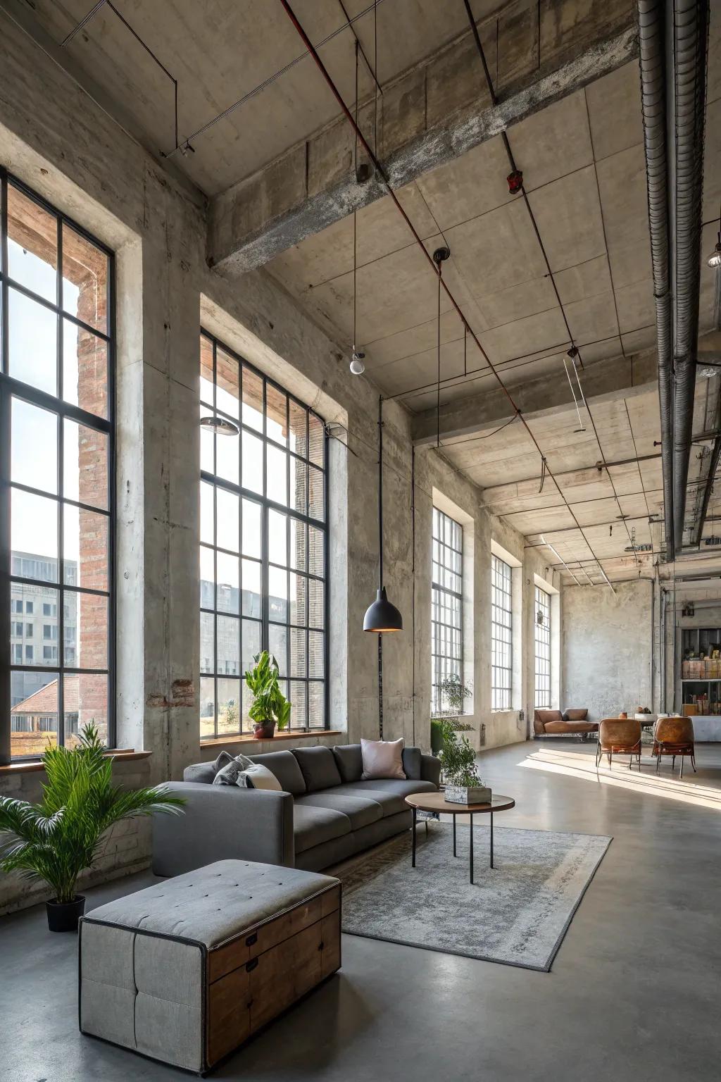 An industrial loft with exposed walls results in a striking aesthetic.