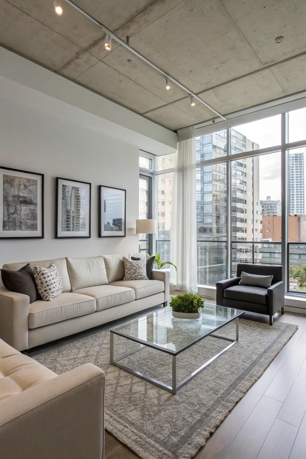 A modern condo lounge featuring elegant furniture and understated decorative elements.