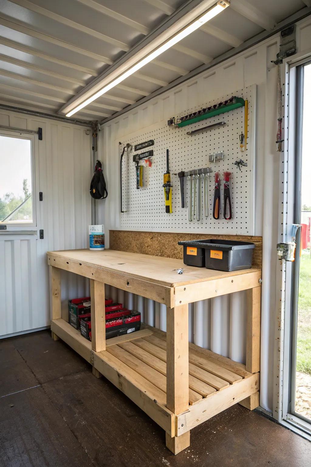 Set up your personal workshop within the confines of a shipping container by installing a handy workbench.