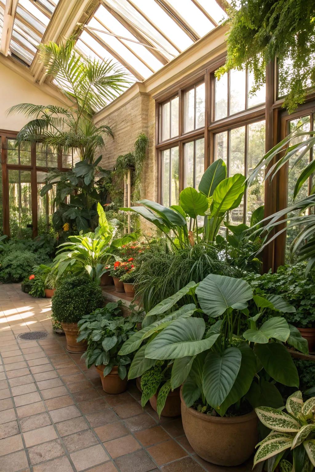 A verdant inner garden within a sunroom, showcasing a diverse range of botanical life.
