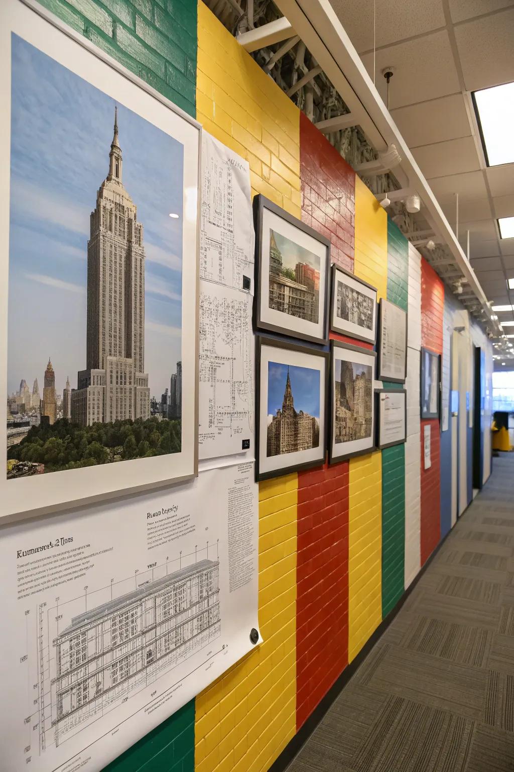 An office wall displaying construction-related artwork and technical drawings.