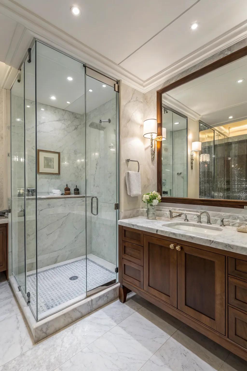 Bathroom featuring contemporary resources such as glass and marble.