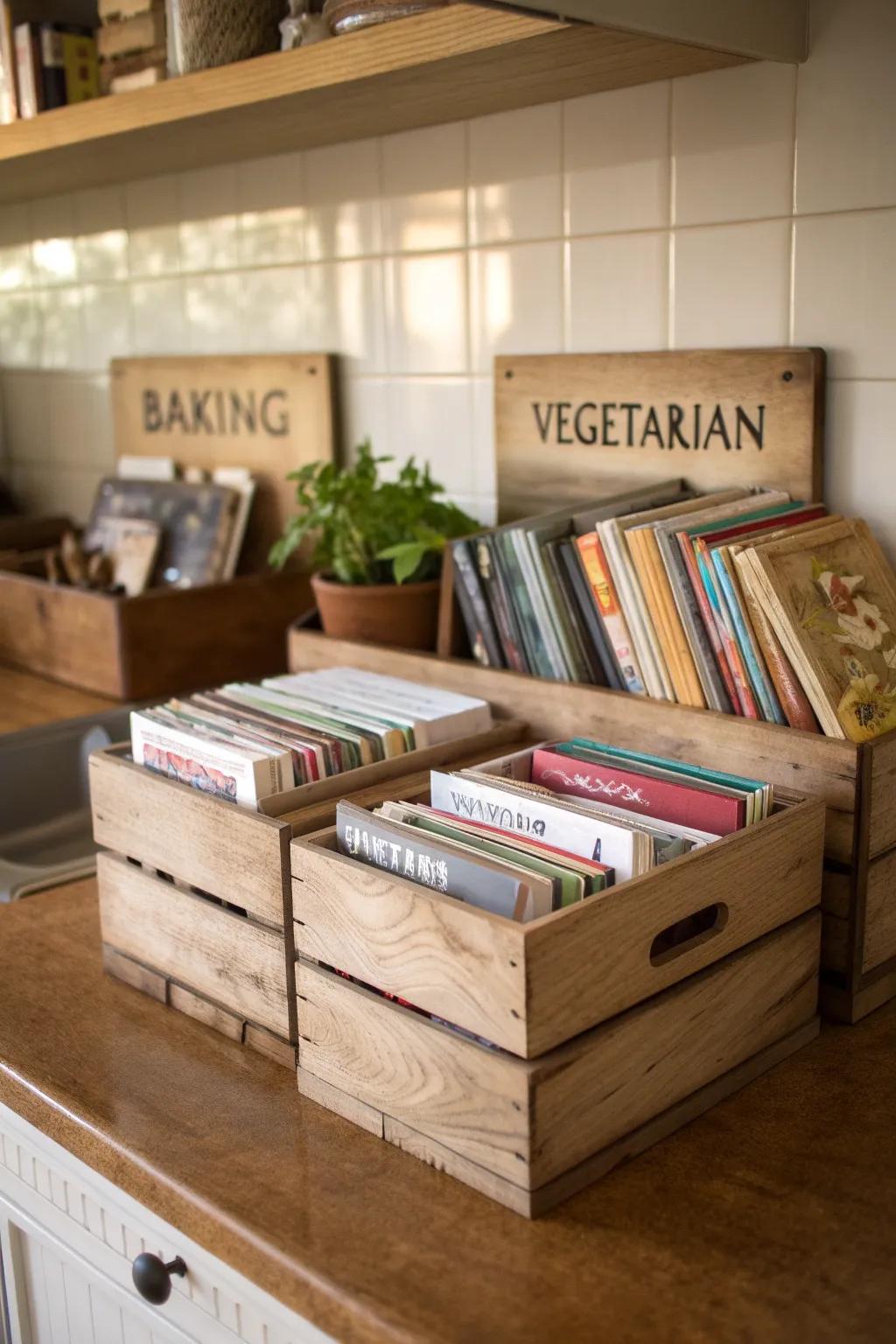 Wood boxes offer a stylish and weathered method to keep cookbooks.