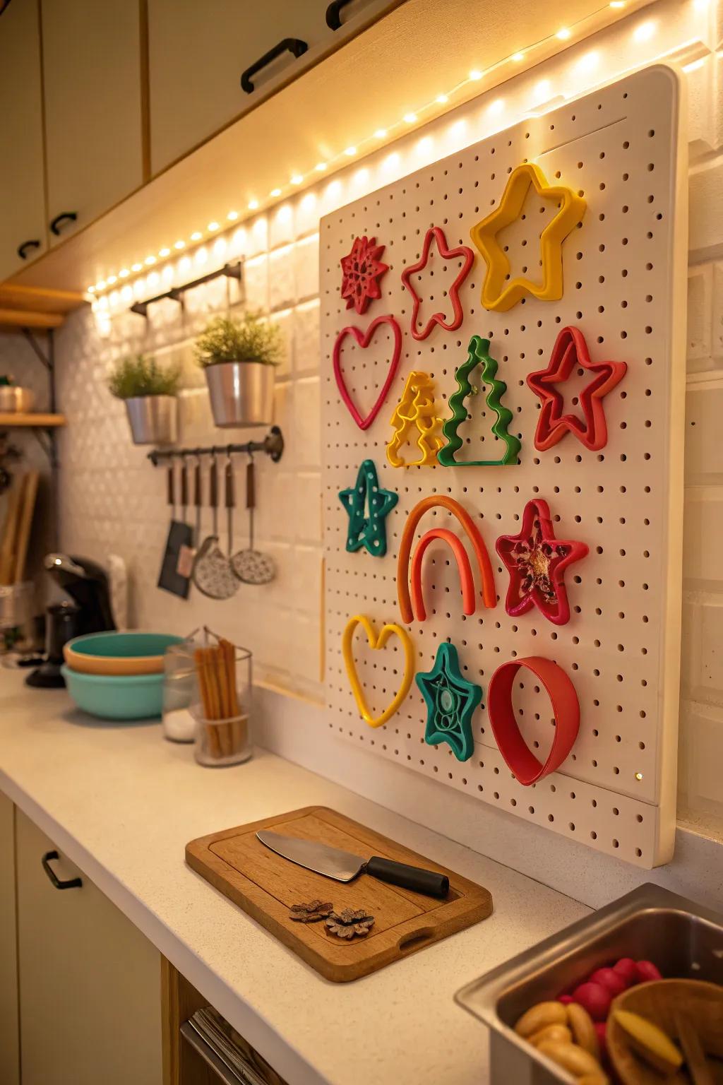 A pegboard showing an energetic collection of cookie cutters.