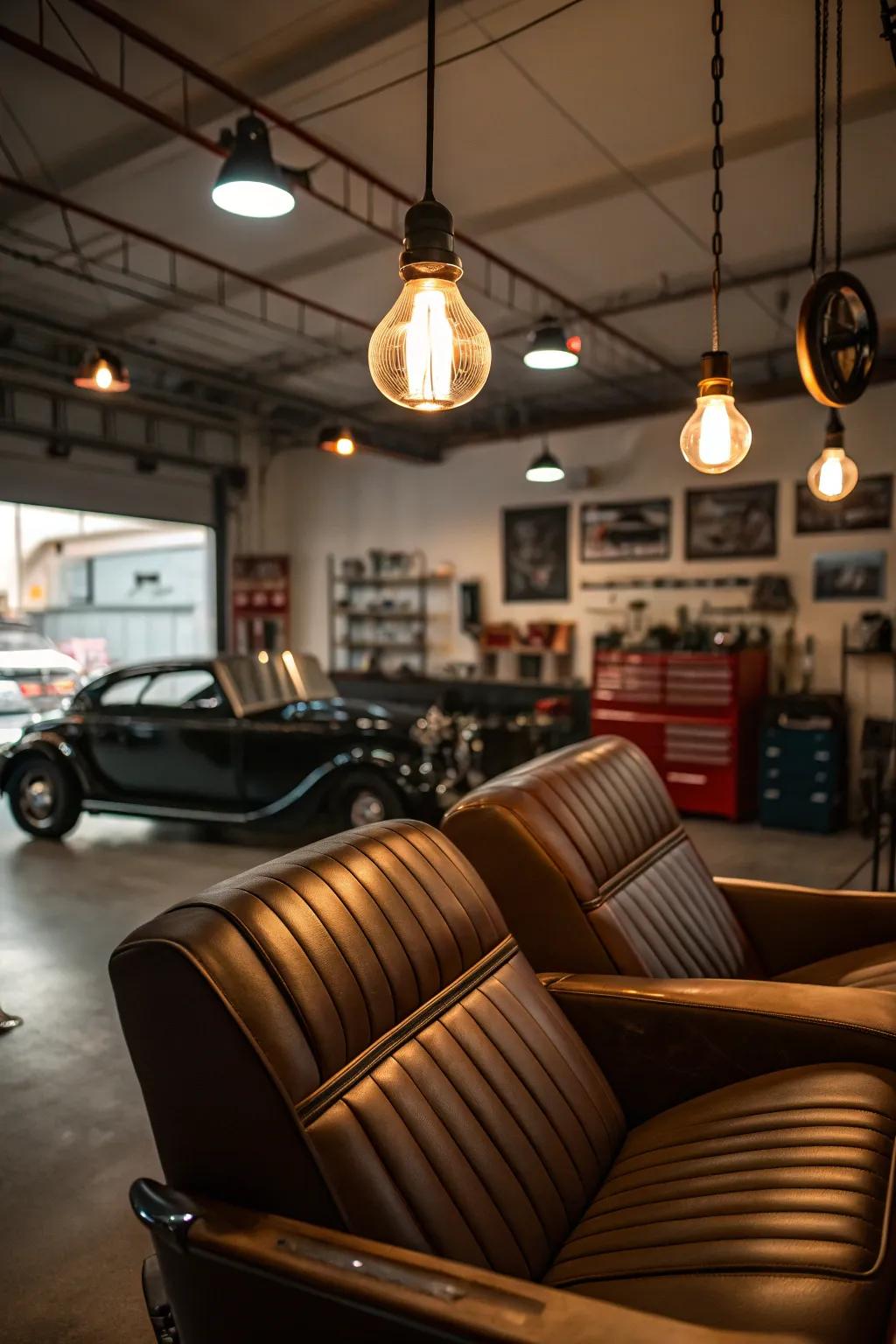 An upscale lounge area in the garage provides relaxation and elegance.