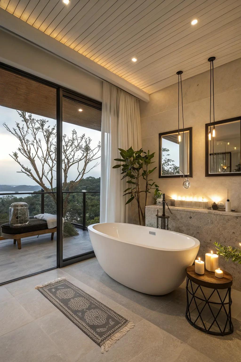 A corner bathtub exudes a lavish impression in limited spaces.