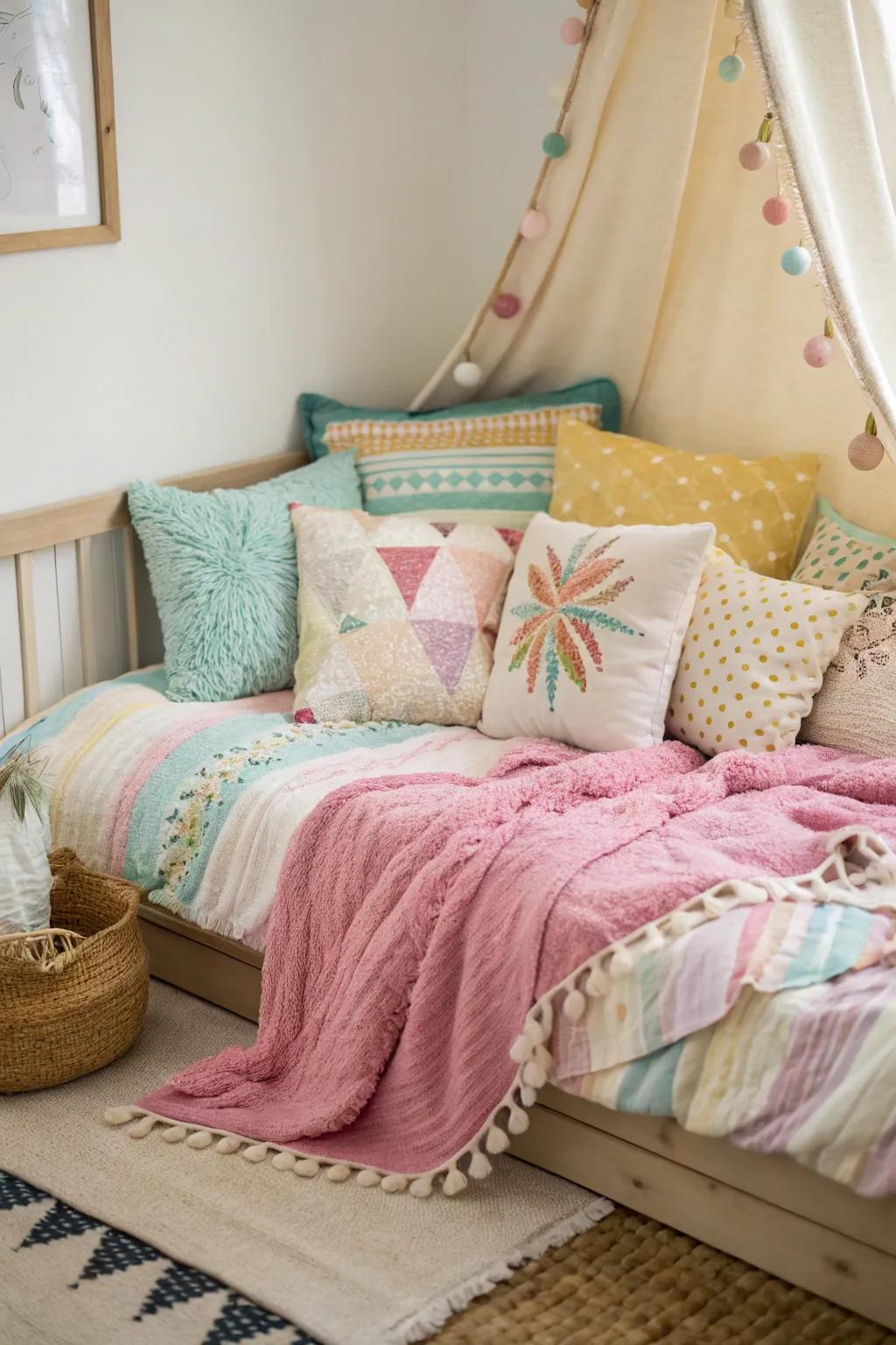 Change your corner bed into a restful escape with cushions and throws.
