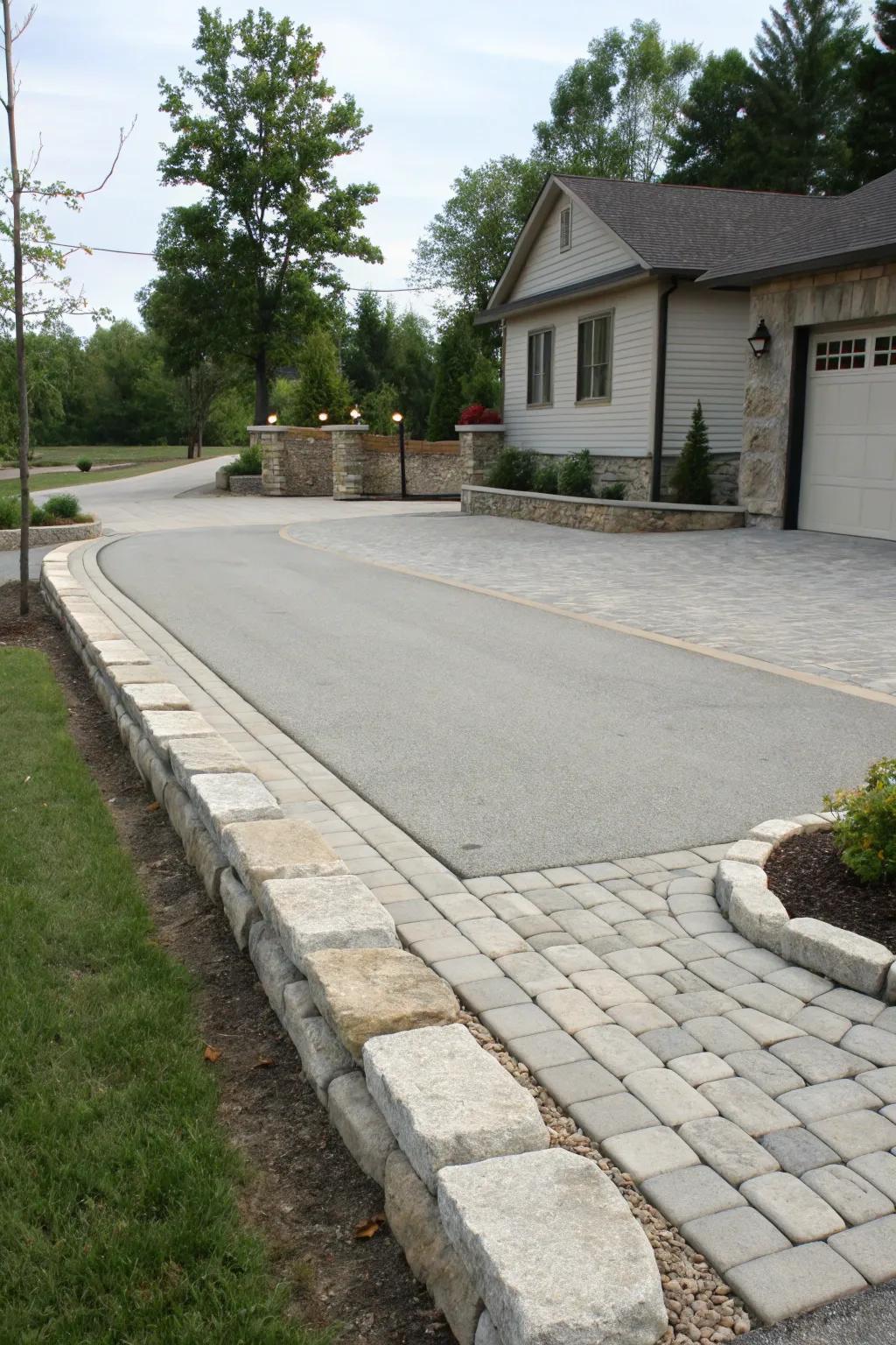 Elegant stone borders beautifully frame a corner driveway.