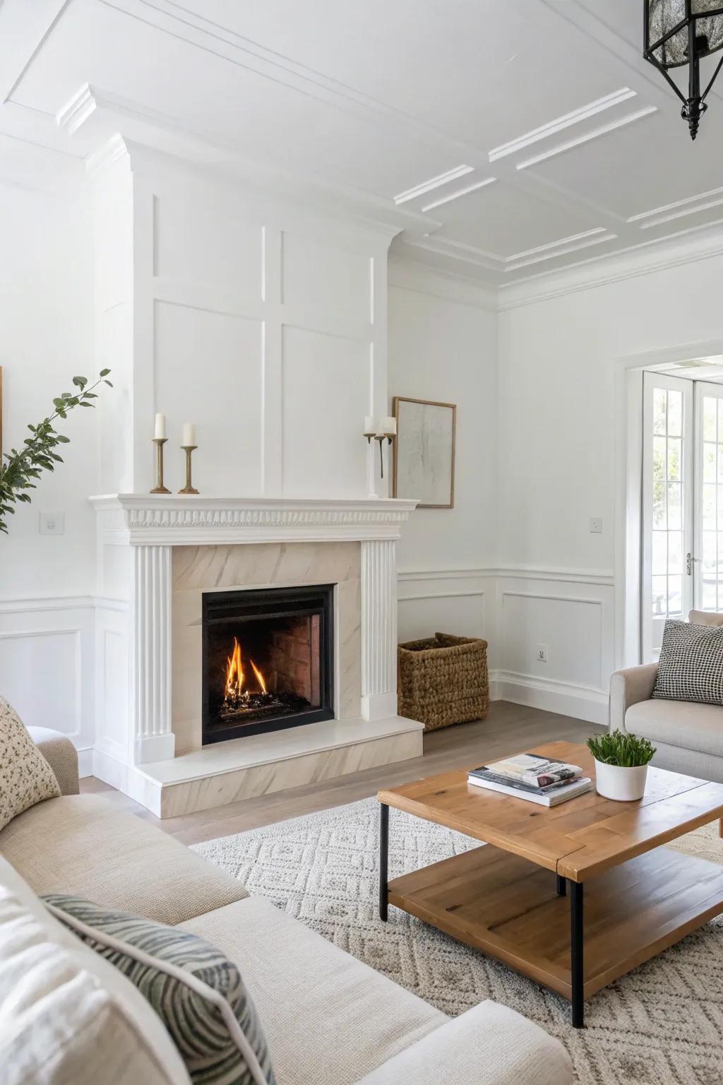 A minimalist white corner fireplace enhancing a modern living space.