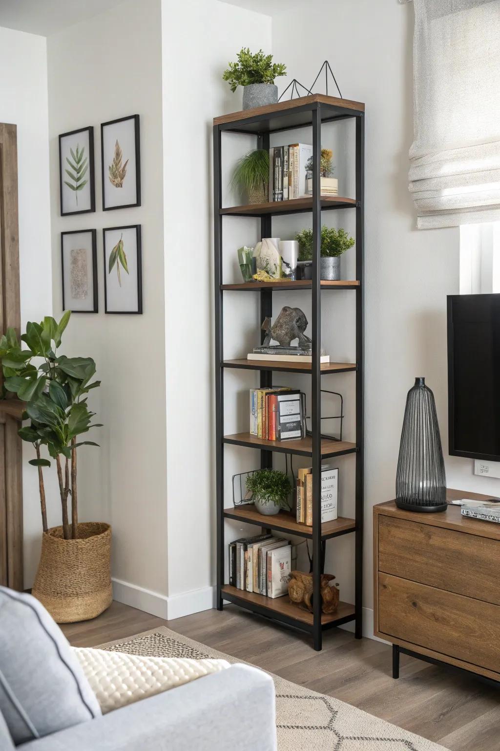 Amplify space and style through the installation of corner shelving units.