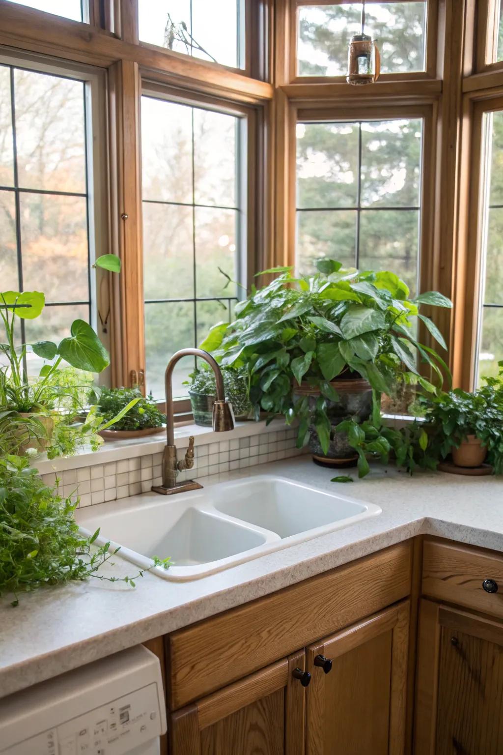 A kitchen corner sink set up under large windows, filling the space with natural light.