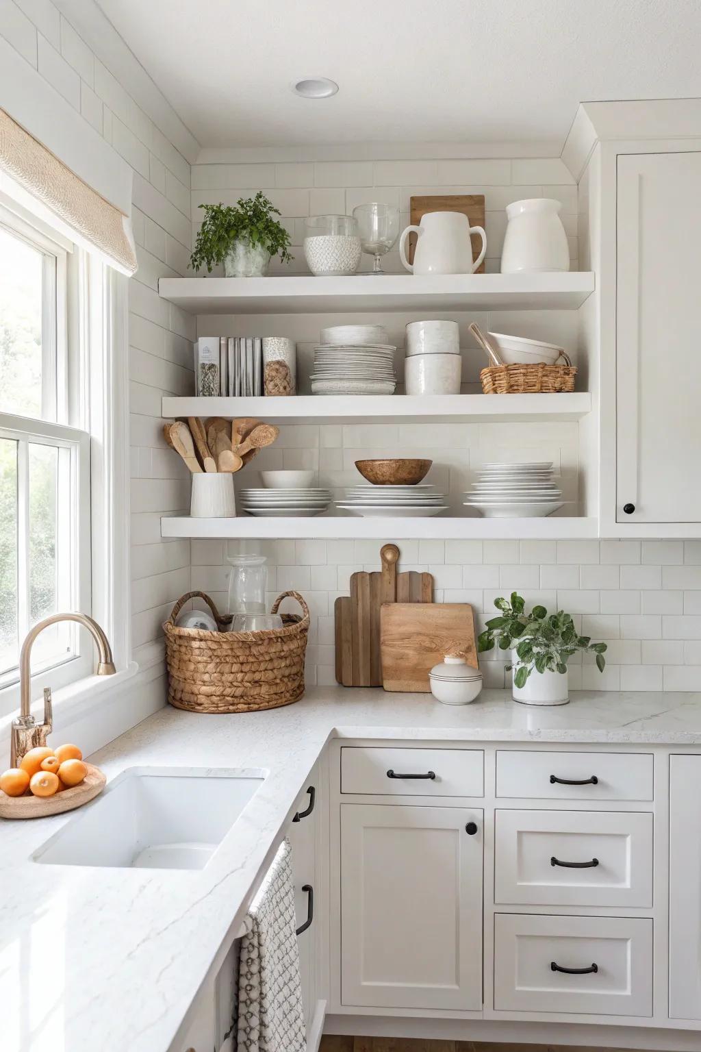 White shelves contribute to a revitalizing and attractive kitchen setting.