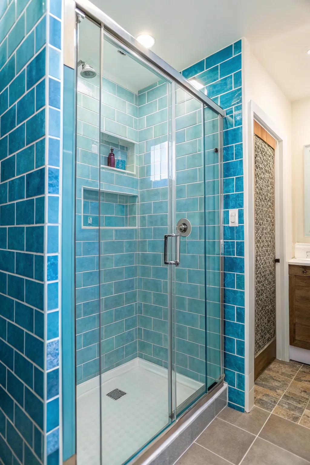 Brilliant blue tiles evoke a refreshing coastal sensation in your shower.
