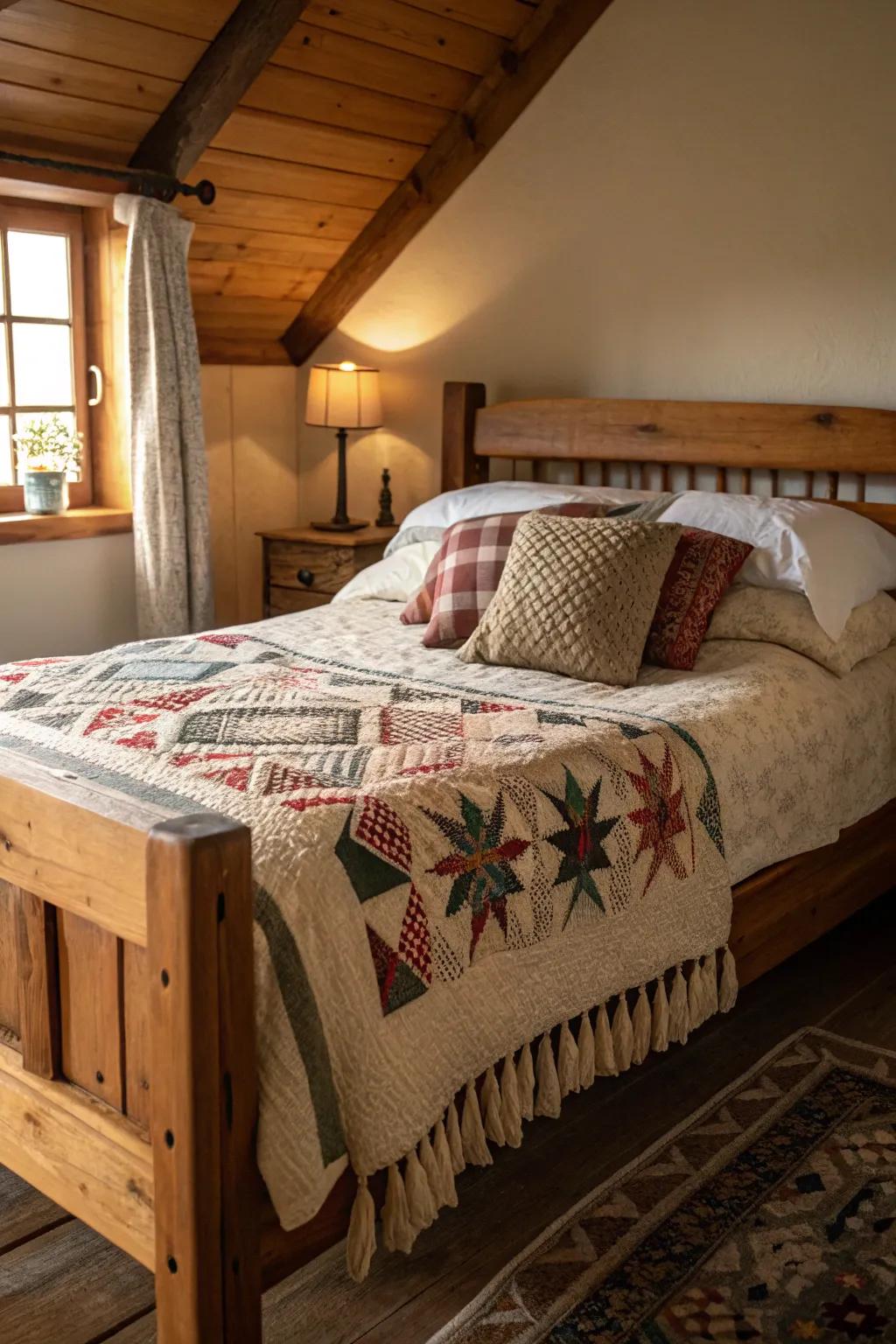A snug bedroom richly adorned with layers of heritage textiles.