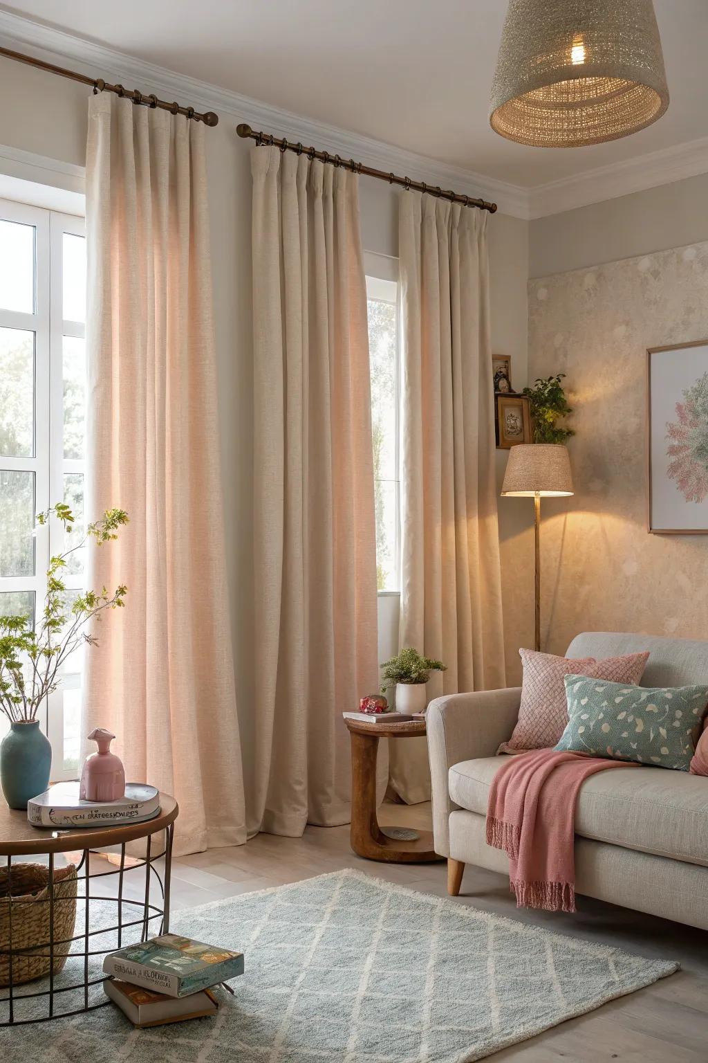 Gentle colors in cottage curtains establish a calming and unified atmosphere.