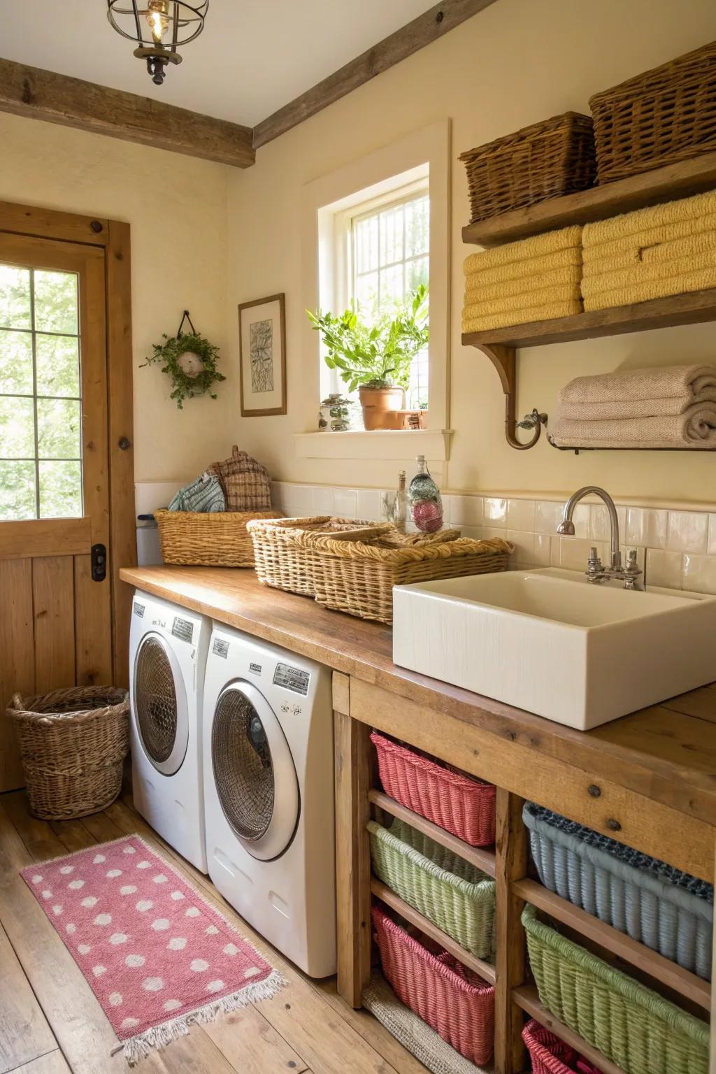 Wooden worktops offer an inviting and cozy workspace.