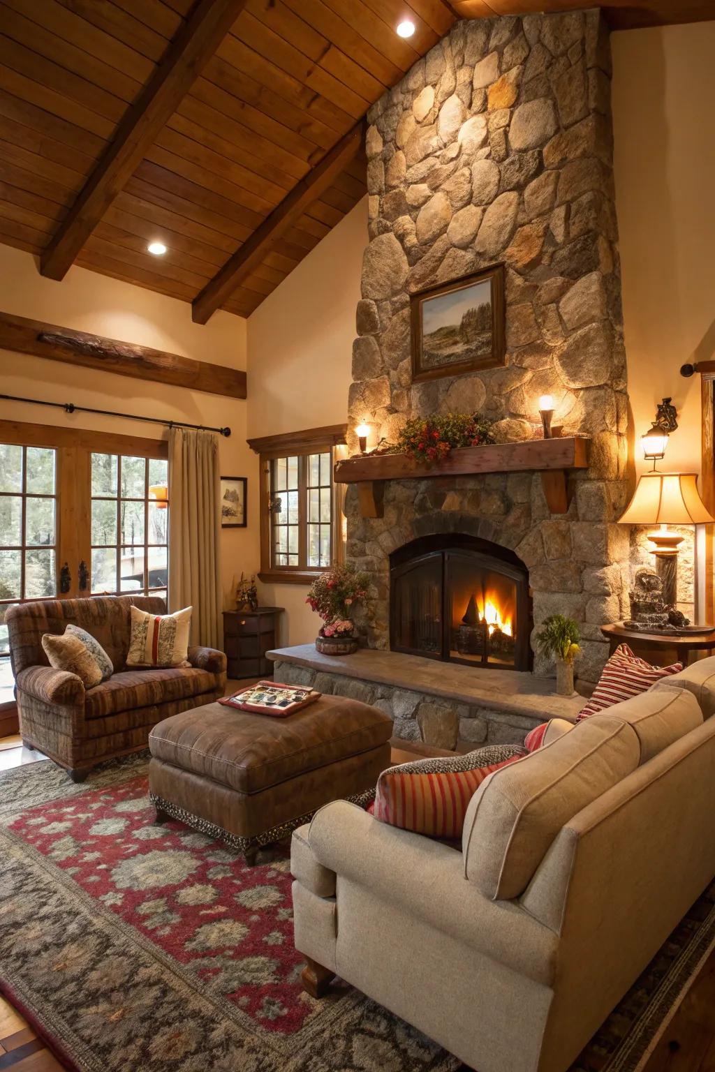 A grand stone hearth is the focal point of the cottage living room.