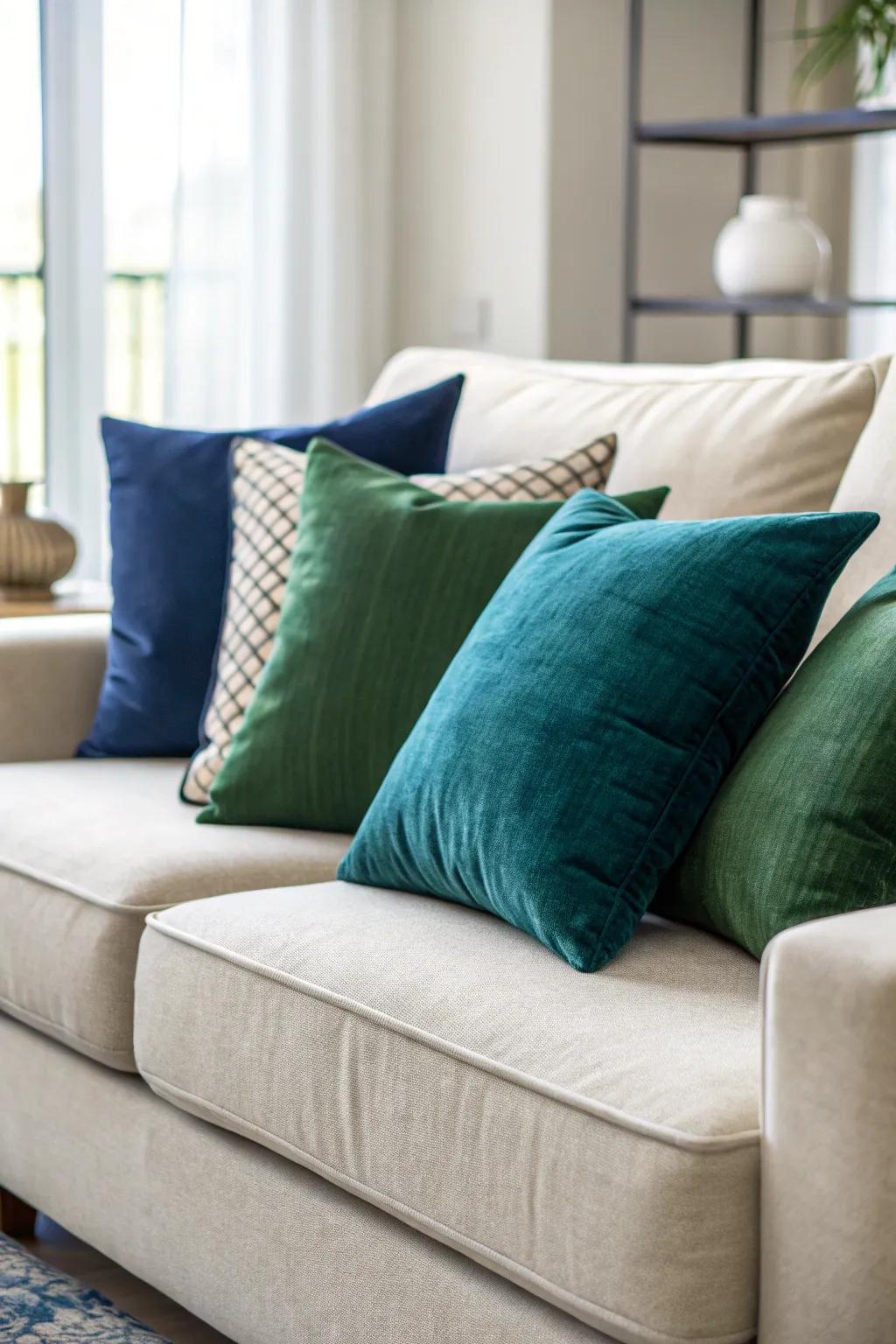 Hue-harmonized cushions create a unified appearance.