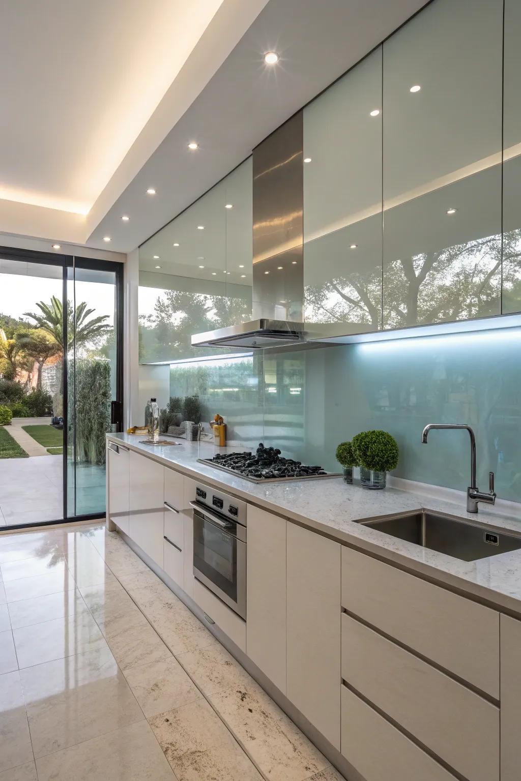 Glass backsplashes introduce a modern feel and enhance the brightness of your kitchen.