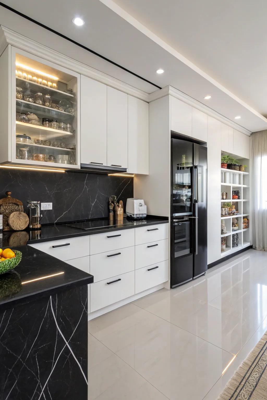 Dramatic black countertops meet sharp white end caps, making a statement.