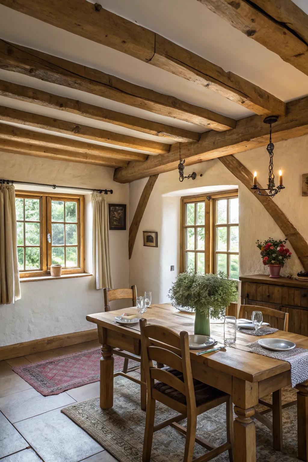 A rustic dining area featuring natural timber beams and furnishings.