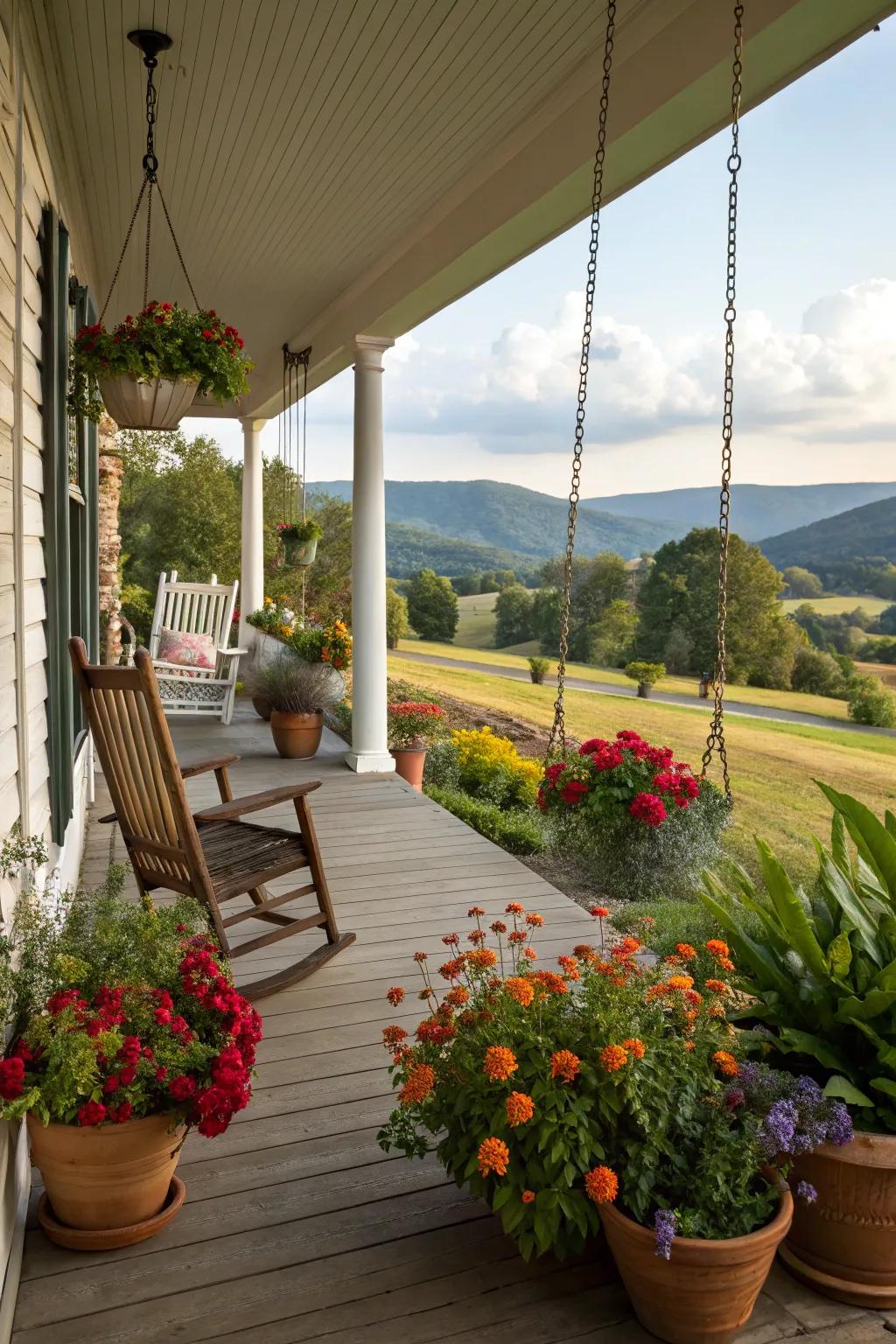 A vibrant display of potted greenery enhancing a farmhouse veranda.